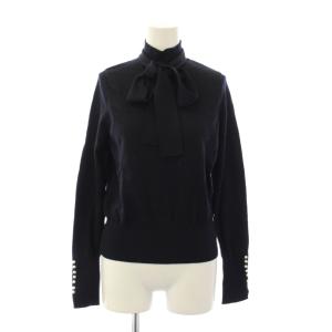 ニット セーター 長袖 ハイネック ワンカラー ウール フェイクパール 装飾 F 紺 ネイビー /BB