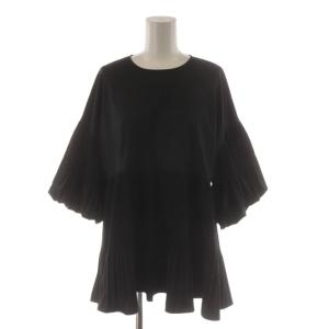 アコーディオンプリーツフレアブラウス シャツ M 黒 ブラック ラウンドネック 5分袖 プリーツ加工 U342-007
