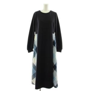 ウールミックスポンチパーシャルチェックドレス ワンピース フレア ロング マキシ 長袖 38 紺 ネイビー