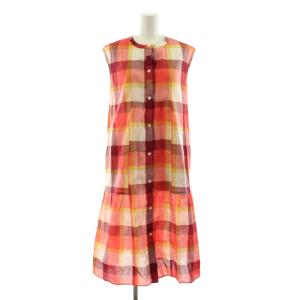 コットンリネンティアードドレス ワンピース ミモレ ロング ノースリーブ チェック柄 38 赤 レッド