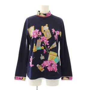 カットソー 長袖 スタンドカラー ストレッチ 花柄 L 紺 ネイビー /BB