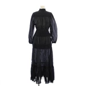 フレアワンピース マキシ ロング 長袖 シアー シースルー ワンカラー ハイネック F 紺 ネイビー /BB