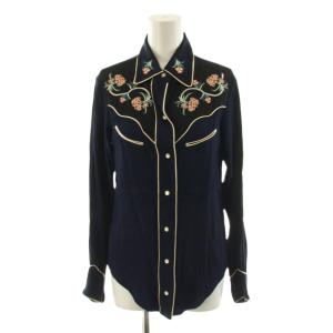 シャツ ブラウス 長袖 刺繍 花柄 34 紺 ネイビー /AN52