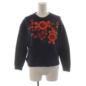 ニット セーター ウール カシミヤ混 38 オレンジ 紺 ネイビー 花柄刺繍 ラウンドネック 長袖 P24C1M