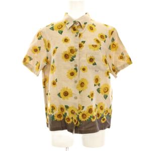 リネンプリント SUNFLOWER柄半袖シャツ ブラウス 花柄 麻 38 ベージュ D0353FBP211