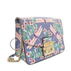 FURLA メトロポリス ショルダーバッグ チェーンショルダー トンボ柄 花柄 レザー 袋付き 青 ブルー ピンク