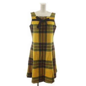 ワンピース ひざ丈 ウール 7AR 黄色 イエロー チェック柄 ノースリーブ リボン付き /RR
