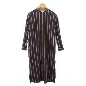 ノーカラースクエアビッグロングシャツ ブラウス ワンピース 長袖 バンドカラー ストライプ柄 バイカラー