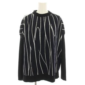 ニット セーター クルーネック 長袖 総柄 リボン タグ付き 絹 シルク混 40 紺 ネイビー 白 ホワイト