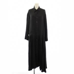 シャツワンピース マキシ ロング 長袖 レギュラーカラー ワンカラー シルク 2 黒 ブラック /BB