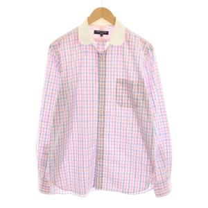 AD2012 シャツ L ピンク 青 ブルー 白 チェック ラウンドカラー 長袖 HK-B017 /YM