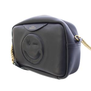 ANYA HINDMARCH スマイリー ショルダーバッグ レザー チェーン 刺繍 黒 ブラック /BB