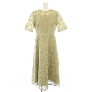 コード刺繍レースワンピース フレア ミモレ ロング 五分袖 クルーネック ワンカラー 38 緑 グリーン