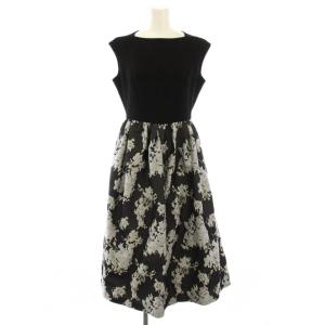 ジャガードドッキングワンピース フレア ミモレ ロング ノースリーブ 切替 花柄 38 黒 ブラック CWFO194051