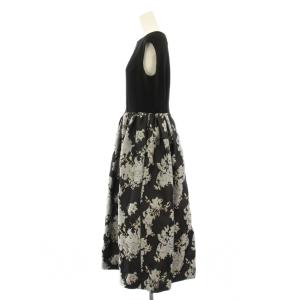 CELFORD ジャガードドッキングワンピース フレア ミモレ ロング ノースリーブ 切替 花柄 38 黒 ブラック CWFO194051