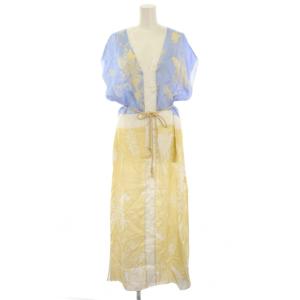 ワンピース ミモレ ロング フレンチスリーブ 半袖 Vネック 総柄 0 水色 ライトブルー 黄色 イエロー