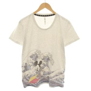 Tシャツ カットソー Uネック 半袖 波乗りミッキーマウス プリント 2 グレー 青 ブルー /YT