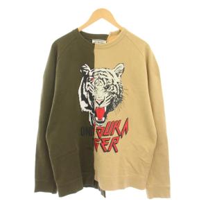 トレーナー スウェット L カーキ ベージュ 長袖 グラフィックプリント バイカラー 2183B178