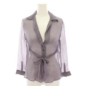 シャツ ブラウス スキッパー 長袖 リボンベルト シアー 絹 シルク 38 紫 パープル /YT