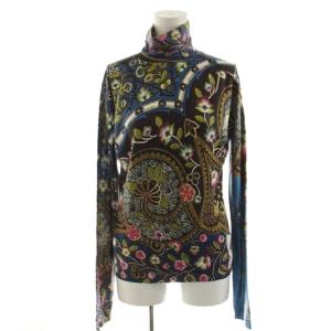 ニット カットソー 長袖 花柄 タートルネック シルク カシミヤ混 44 マルチカラー ピンク 青 ブルー