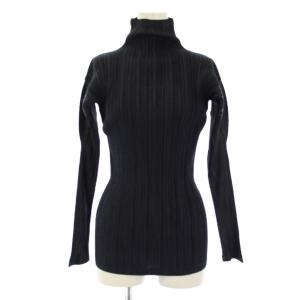 プリーツ シャツ ブラウス 長袖 ハイネック ワンカラー ストレッチ M 紺 ネイビー /BB