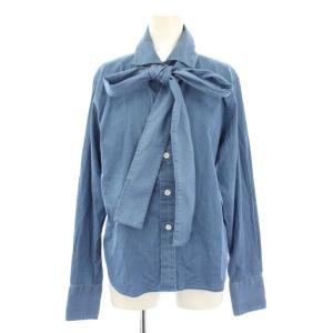 ボウタイシャツ ブラウス レギュラーカラー 長袖 ワンカラー 無地 F 青 ブルー /BB