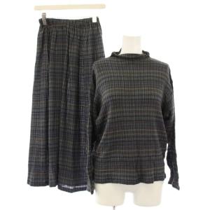 セットアップ ニット 長袖 ハイネック フレアスカート ミモレ ロング ウール シルク混 ボーダー柄 M