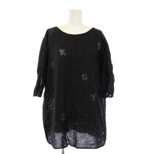 カットソー 半袖 総柄 リネン M 黒 /KH