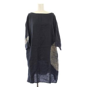 ワンピース ひざ丈 半袖 リネン M 紺 /KH