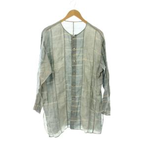 シャツ ブラウス 長袖 ノーカラー 切り替え 水色 /JP