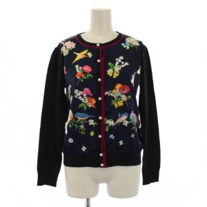 カーディガン 長袖 クルーネック 花柄 切替 ニット F ネイビー 黒 /BM