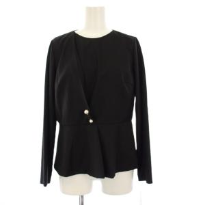シャツ ブラウス 38 黒 ブラック 長袖 パール飾り ペプラムデザイン /KH