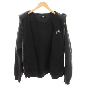 STUSSY ジップアップパーカー フード ロゴ刺繍 裏起毛 M 黒 ブラック /YT