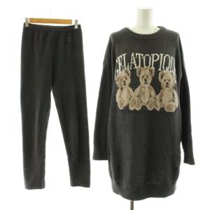 22AW セットアップ ニット 長袖 パンツ ルームウェア パジャマ クマ柄 ONE チャコールグレー