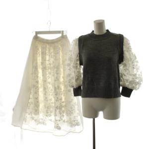 セットアップ シャツ ブラウス 7分袖 ニット フレアスカート ロング 1 グレー 白 ホワイト 22A103