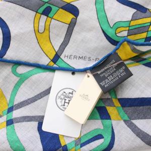 HERMES ロザンジュGM Quincaillerie Equestre スカーフ カシミヤシルク グレー