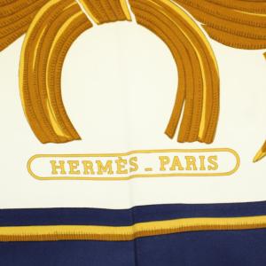 HERMES 王者の虎 カレ90 スカーフ シルク ネイビー ホワイト イエロー