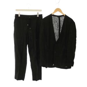 23AW シングルスーツ 上下 ノーカラージャケット パンツ リネン 麻 48 黒 ブラック JKJHSA0602