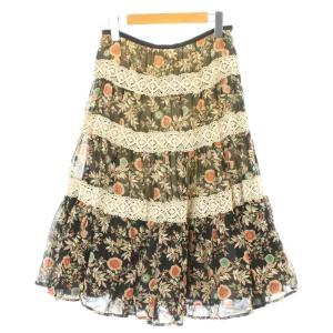 スカート ロング M 黒 ブラック 白 ホワイト 花柄 フレア レース /GP