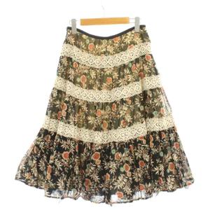 Lois CRAYON スカート ロング M 黒 ブラック 白 ホワイト 花柄 フレア レース /GP