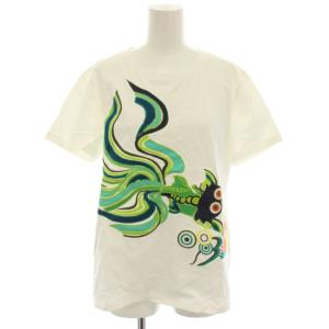 Tシャツ カットソー クルーネック 半袖 ベタフィッシュ柄 闘魚柄 刺繍 タグ付き 2 白 ホワイト 緑