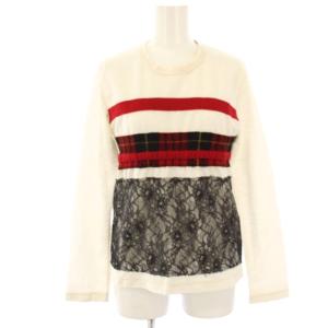 AD2017 コムコム カットソー Tシャツ S 白 ホワイト 長袖 マルチ柄 麻 リネン混 ウール混