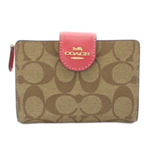 ミディアム コーナー ジップ ウォレット シグネチャー キャンバス 二つ折り 財布 小銭入れあり 茶 ブラウン