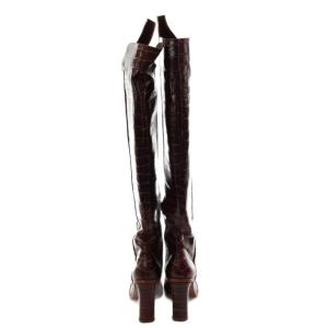Max Mara ロングブーツ ポインテッドトゥ ヒール 型押し レザー 38 茶 ブラウン /AN4