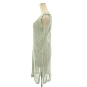 PLEATS PLEASE ISSEY MIYAKE イッセイミヤケ カットソー ブラウス ノースリーブ チュニック丈 Vネック シアー 3 ミントグリーン