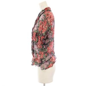 robe de chambre COMME des GARCONS AD2001 シャツ ブラウス 絹 シルク 半袖 花柄 フリル 黒 ブラック ピンク 緑 グリーン RC-B016