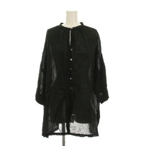 23SS リネンガーゼ ロングシャツ ブラウス F 黒 ブラック バンドカラー 七分袖 01232-1386
