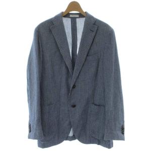 50K.JACKET ジャケット 上着 麻 リネン 48 青 ブルー チェック柄 ノッチドラペル 長袖