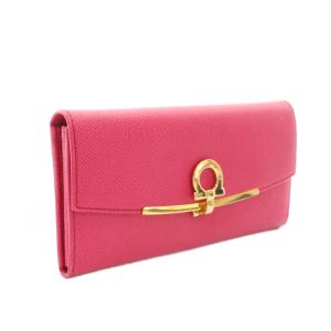 Salvatore Ferragamo ガンチーニクリップコンチネンタルウォレット 長財布 二つ折り 小銭入れ レザー ピンク ゴールドカラー