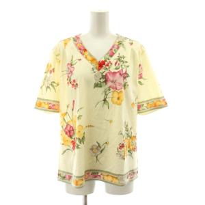 FASHION カットソー Tシャツ 半袖 花柄 プリント Vネック L ライトベージュ 0339181